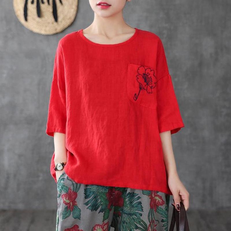 Cotton Linen T-Shirt Short Loose Sleeves May 2021 New-Arrival M Red 