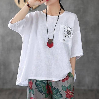 Cotton Linen T-Shirt Short Loose Sleeves May 2021 New-Arrival M White 