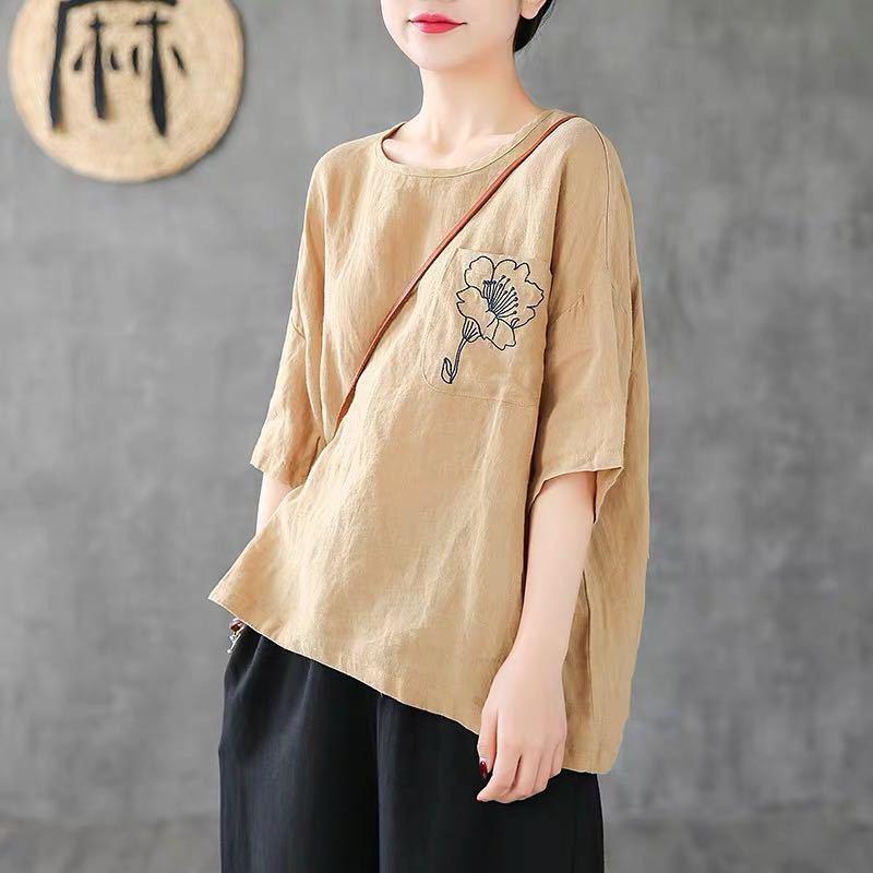 Cotton Linen T-Shirt Short Loose Sleeves May 2021 New-Arrival M Yellow 
