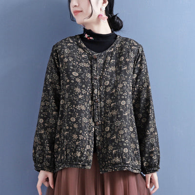 Cotton Linen Winter Retro Floral Printed Coat Oct 2022 New Arrival One Size Black 
