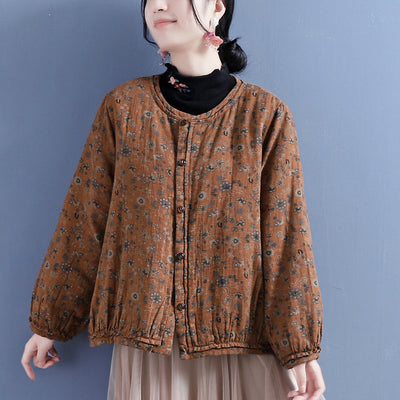 Cotton Linen Winter Retro Floral Printed Coat Oct 2022 New Arrival One Size Brown 