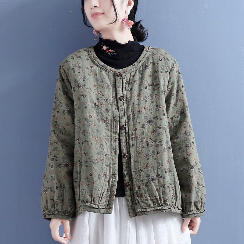 Cotton Linen Winter Retro Floral Printed Coat Oct 2022 New Arrival One Size Green 