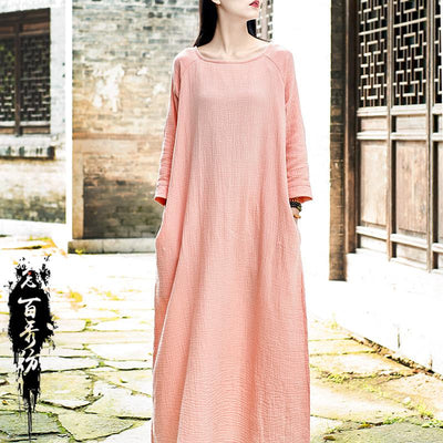 Cotton Linen Women's Loose Dress May 2021 New-Arrival One Size Light Pink 