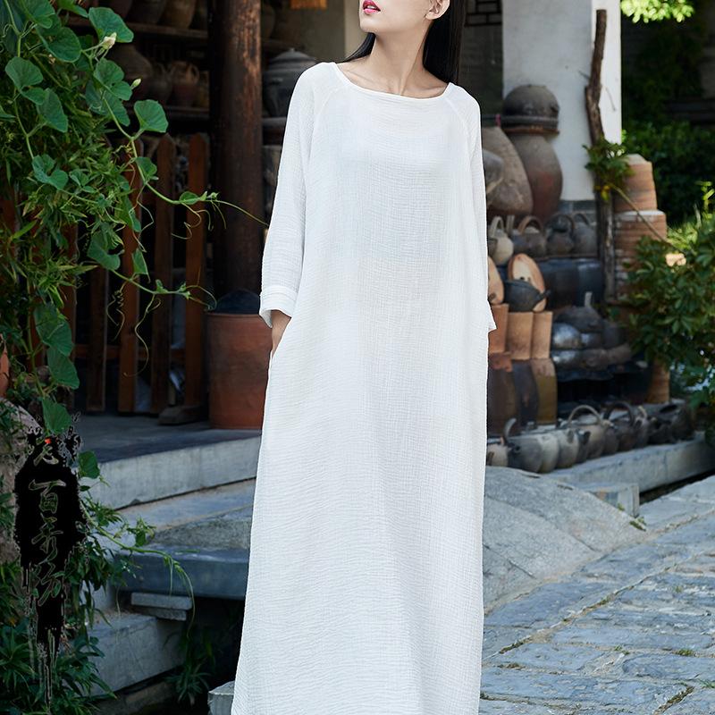 Cotton Linen Women's Loose Dress May 2021 New-Arrival One Size White 