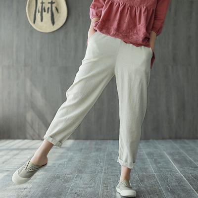Cotton Llinen Spring Elastic Waist Comfortable Pants 2019 April New M Beige 