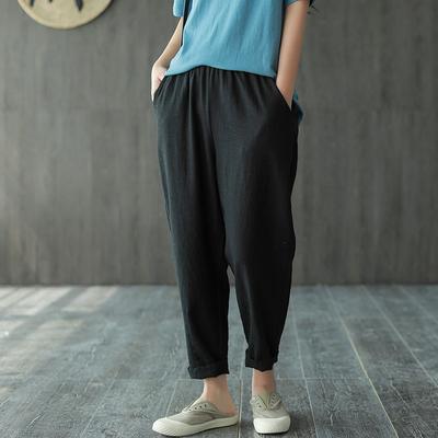 Cotton Llinen Spring Elastic Waist Comfortable Pants 2019 April New M Black 