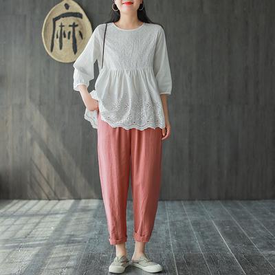 Cotton Llinen Spring Elastic Waist Comfortable Pants 2019 April New M Pink 