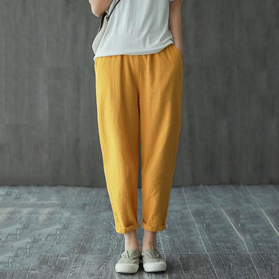 Cotton Llinen Spring Elastic Waist Comfortable Pants 2019 April New M Yellow 