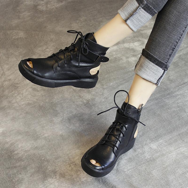 Cowhide Hollow Out Lace-up Comfortable Low Heel Sandals 2019 March New 