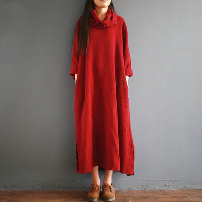 Cowl Neck Solid Casual Breathable Slit Maxi long Sleeve Dress For Women 2019 May New One Size Date Red 