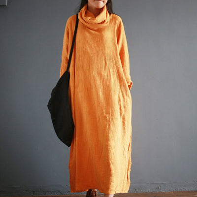 Cowl Neck Solid Casual Breathable Slit Maxi long Sleeve Dress For Women 2019 May New One Size Orange Yellow 