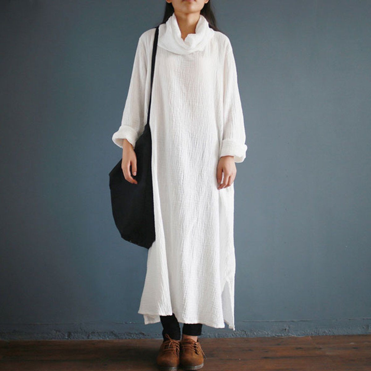 Cowl Neck Solid Casual Breathable Slit Maxi long Sleeve Dress For Women 2019 May New One Size White 