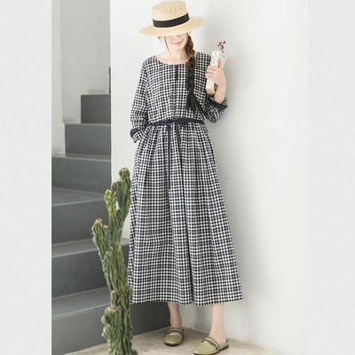 Crew Neck Plaid Drawstring Long Sleeve Dress March-2020-New Arrival 