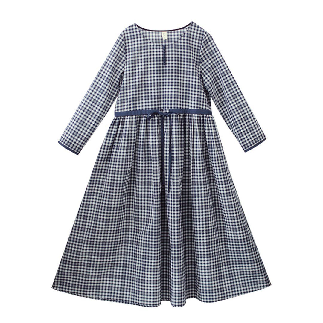 Crew Neck Plaid Drawstring Long Sleeve Dress March-2020-New Arrival 