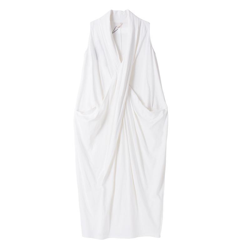 Cross Neckline Large Pockets Sleeveless Cotton Irregular Dress