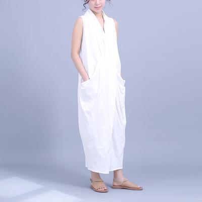 Cross Neckline Large Pockets Sleeveless Cotton Irregular Dress 2019 April New 