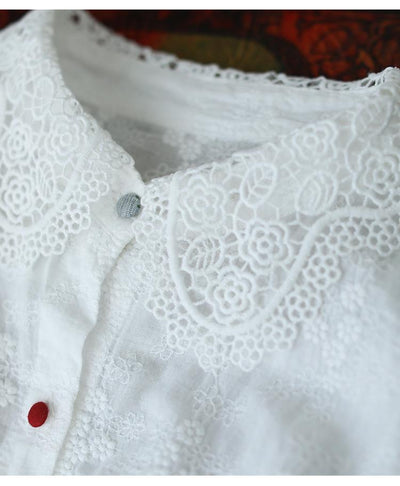 Cute White Embroidery Lace Long-sleeved Shirt Jan 2021-New Arrival 