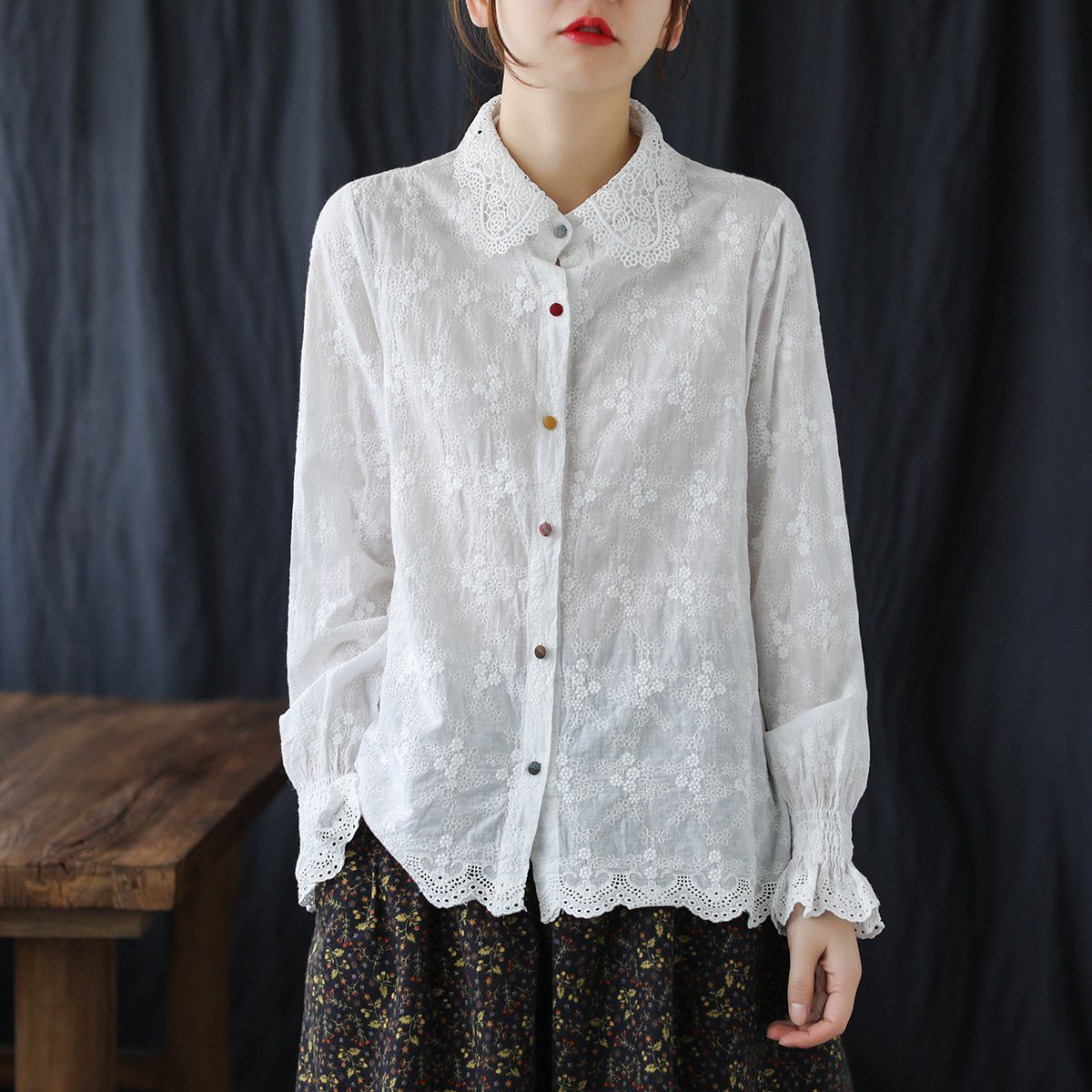 Cute White Embroidery Lace Long-sleeved Shirt Jan 2021-New Arrival One Size White 
