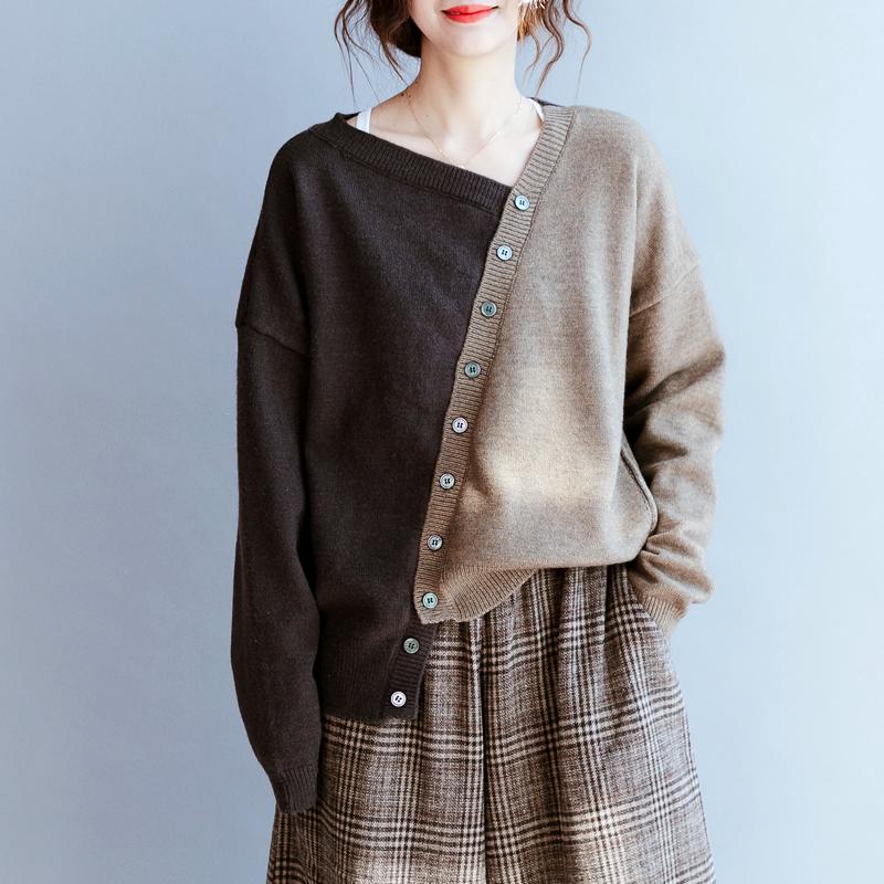 Diagonal Buttoned Soft Loose Knit Sweater Dec 2020-New Arrival Free Brown 