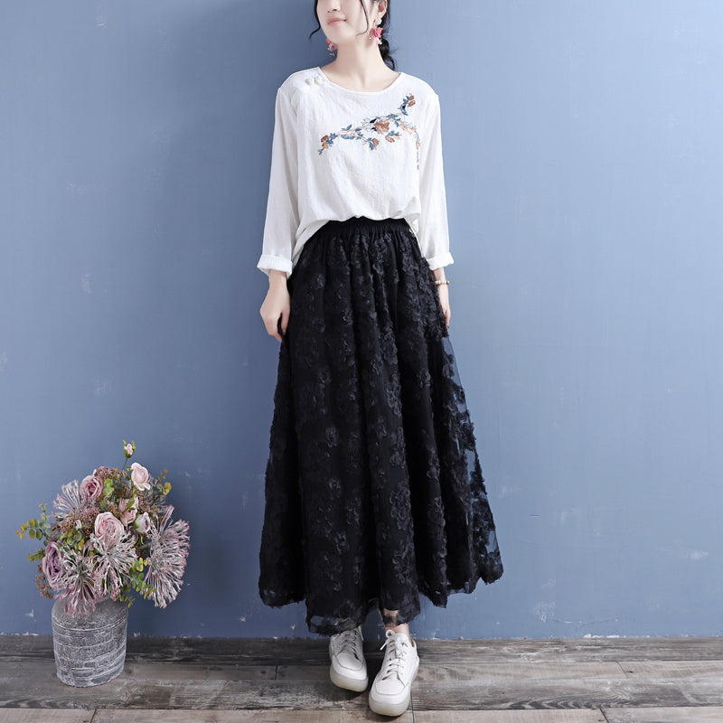 Double-Layer Flower Lace Mesh Cotton Linen Autumn Skirt