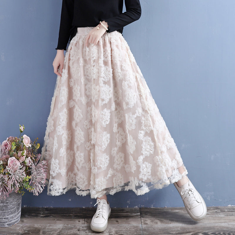 Double-Layer Flower Lace Mesh Cotton Linen Autumn Skirt Aug 2022 New Arrival One Size Beige 
