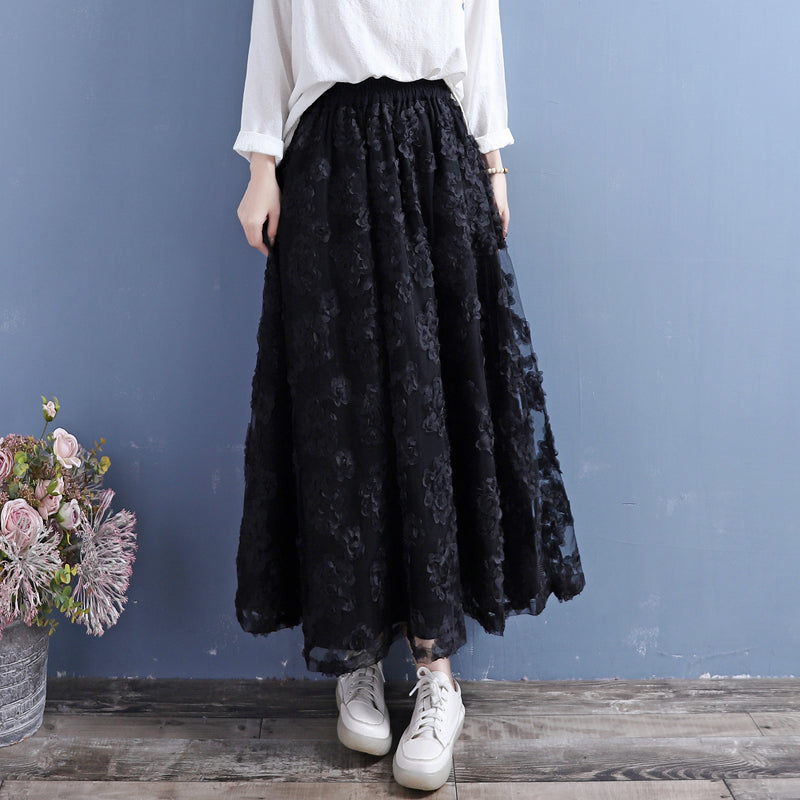Double-Layer Flower Lace Mesh Cotton Linen Autumn Skirt Aug 2022 New Arrival One Size Black 
