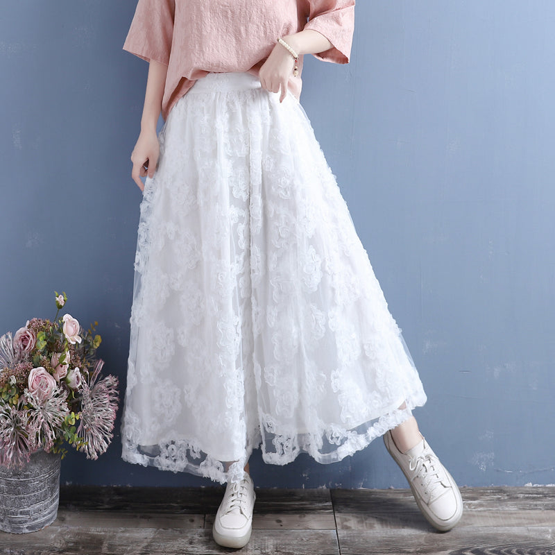 Double-Layer Flower Lace Mesh Cotton Linen Autumn Skirt Aug 2022 New Arrival One Size White 