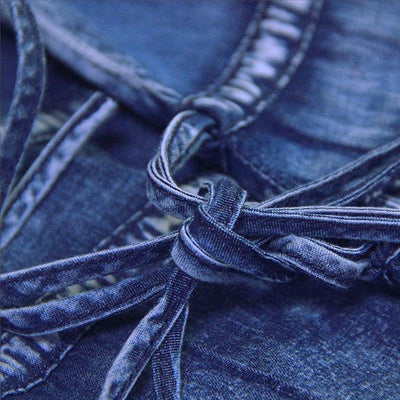 Drawstring Embroidery Spring Blue Denim Dress