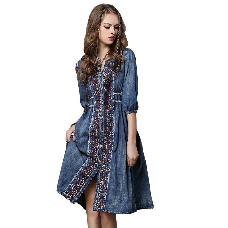 Drawstring Embroidery Spring Blue Denim Dress 2019 March New 