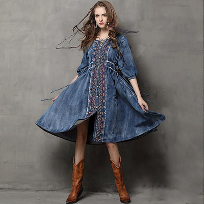 Drawstring Embroidery Spring Blue Denim Dress 2019 March New S Blue 