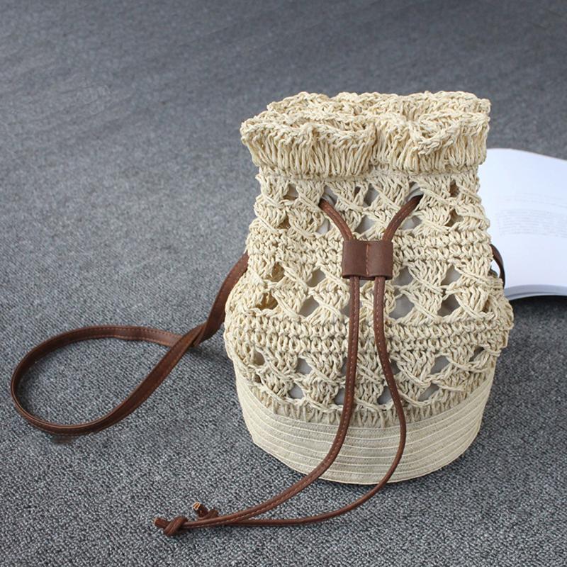 Drawstring Travel Crochet Straw Bucket Bag 2019 April New Free Beige 