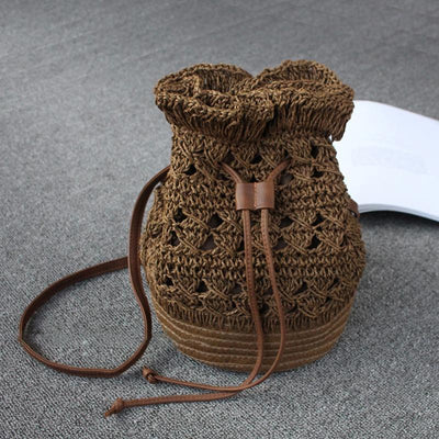 Drawstring Travel Crochet Straw Bucket Bag 2019 April New Free Deep Brown 