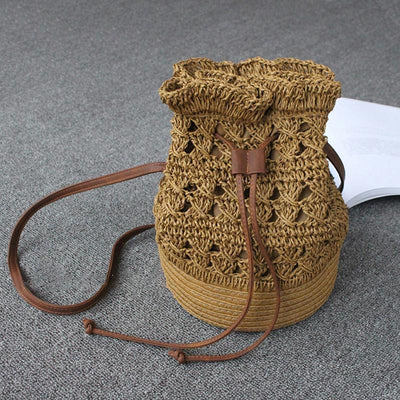 Drawstring Travel Crochet Straw Bucket Bag 2019 April New Free Light Brown 