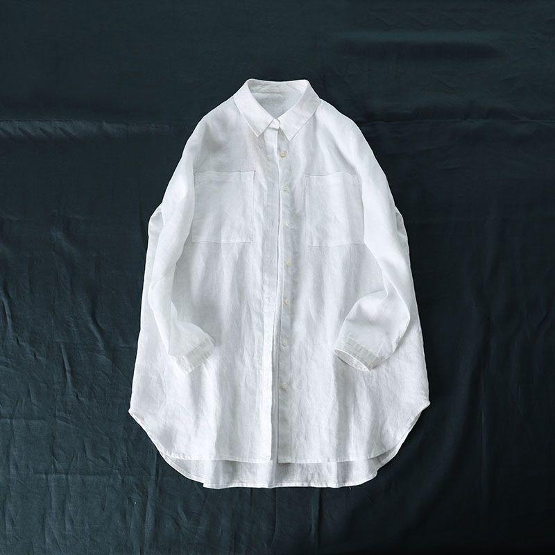 Early Autumn Cotton Linen Loose Casual Blouse Aug 2021 New-Arrival M White 
