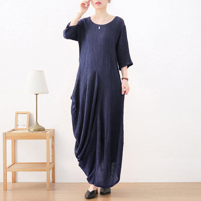 Early Autumn Irregular Retro Linen Pleated Dress Sep 2022 New Arrival One Size Navy 