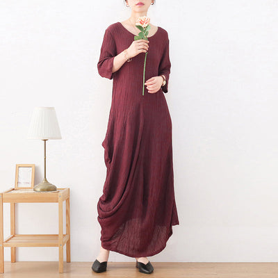 Early Autumn Irregular Retro Linen Pleated Dress Sep 2022 New Arrival One Size Wine Red 
