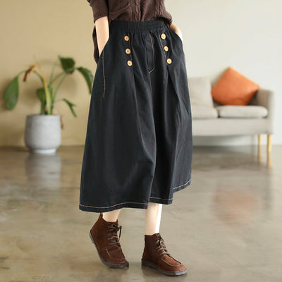 Early Autumn Retro Solid Cotton A-Line Skirt
