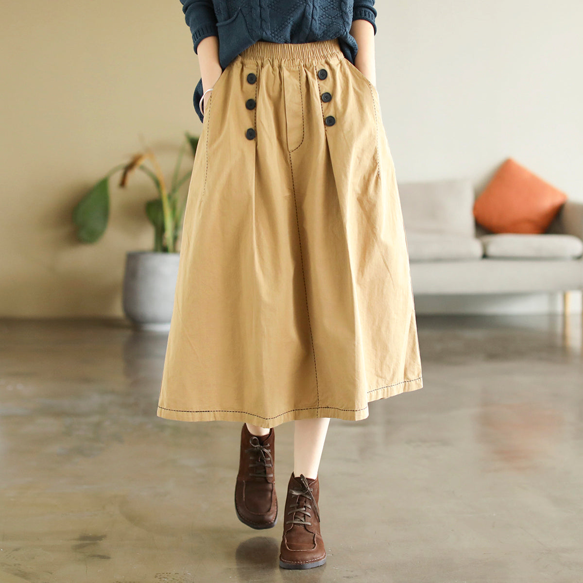 Early Autumn Retro Solid Cotton A-Line Skirt Sep 2022 New Arrival 
