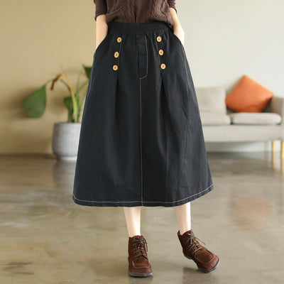 Early Autumn Retro Solid Cotton A-Line Skirt Sep 2022 New Arrival One Size Black 