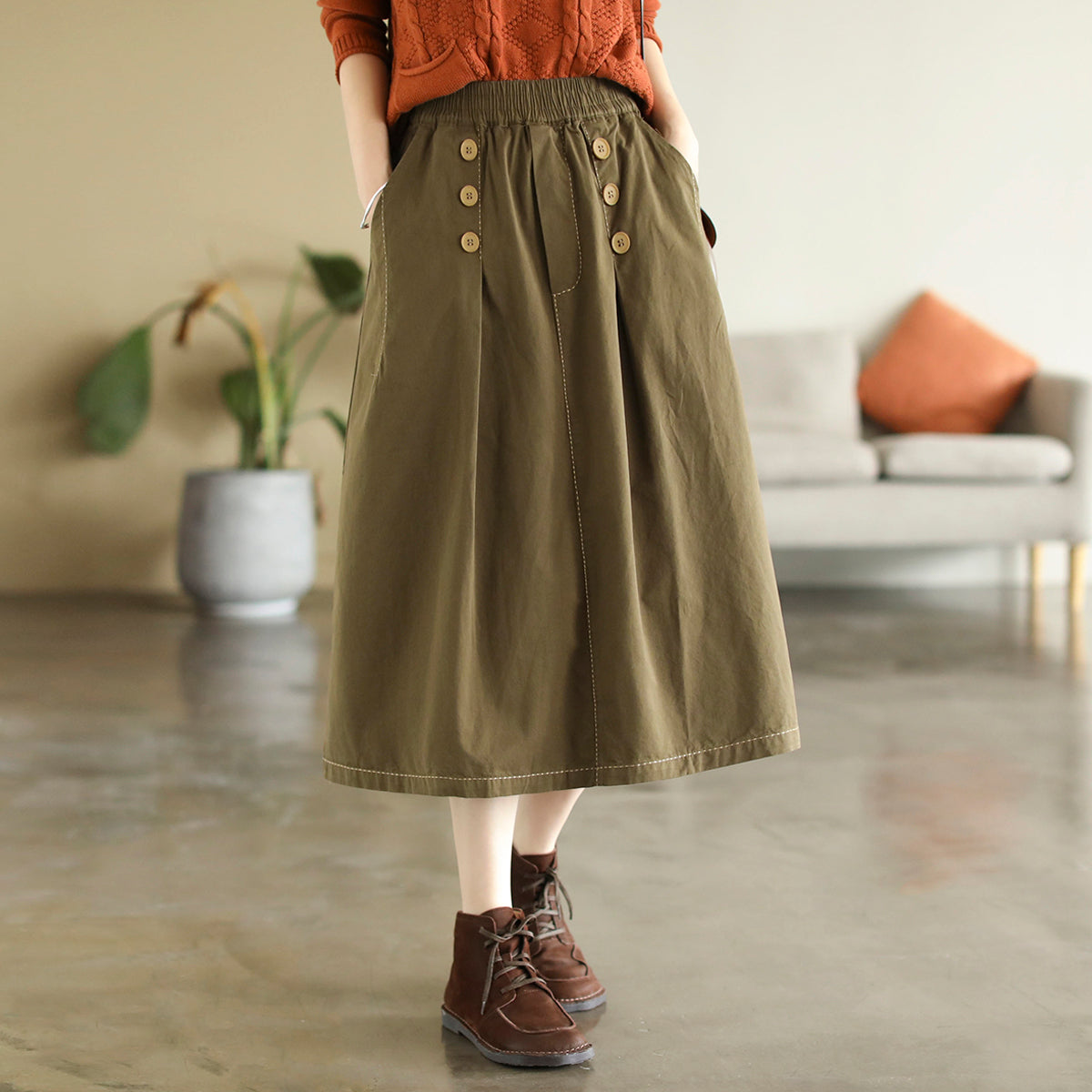 Early Autumn Retro Solid Cotton A-Line Skirt Sep 2022 New Arrival One Size Khaki 