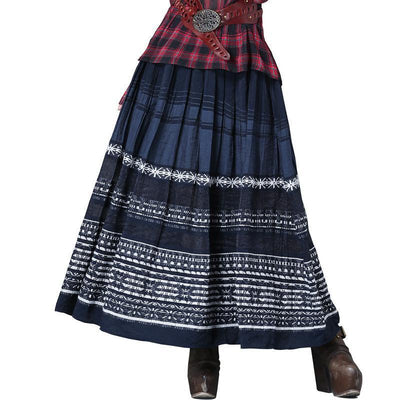 Elastic Waist Embroidery Vintage Pleated Skirt 2019 March New One Size Dark Blue 