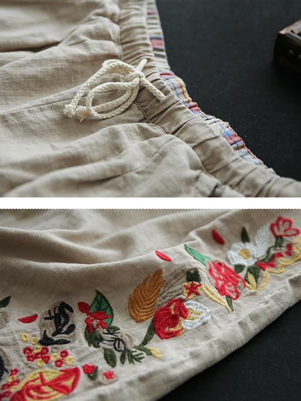 Elastic Waist Wide Leg Embroidery Pants