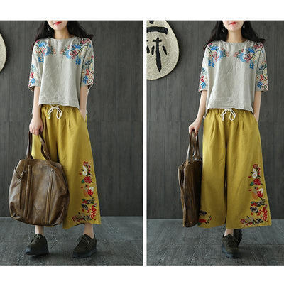 Elastic Waist Wide Leg Embroidery Pants 2019 April New One Size Yellow 