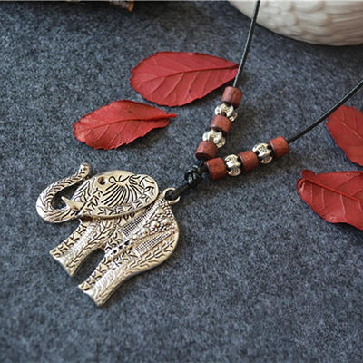 Elephant Wooden Beads Pendant Long Necklace