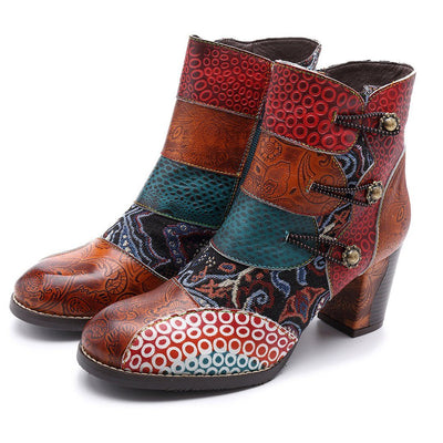 Embossed Stitching Chunky High Heels Boots 2019 November New 37 Brown 