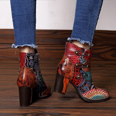 Embossed Stitching Chunky High Heels Boots