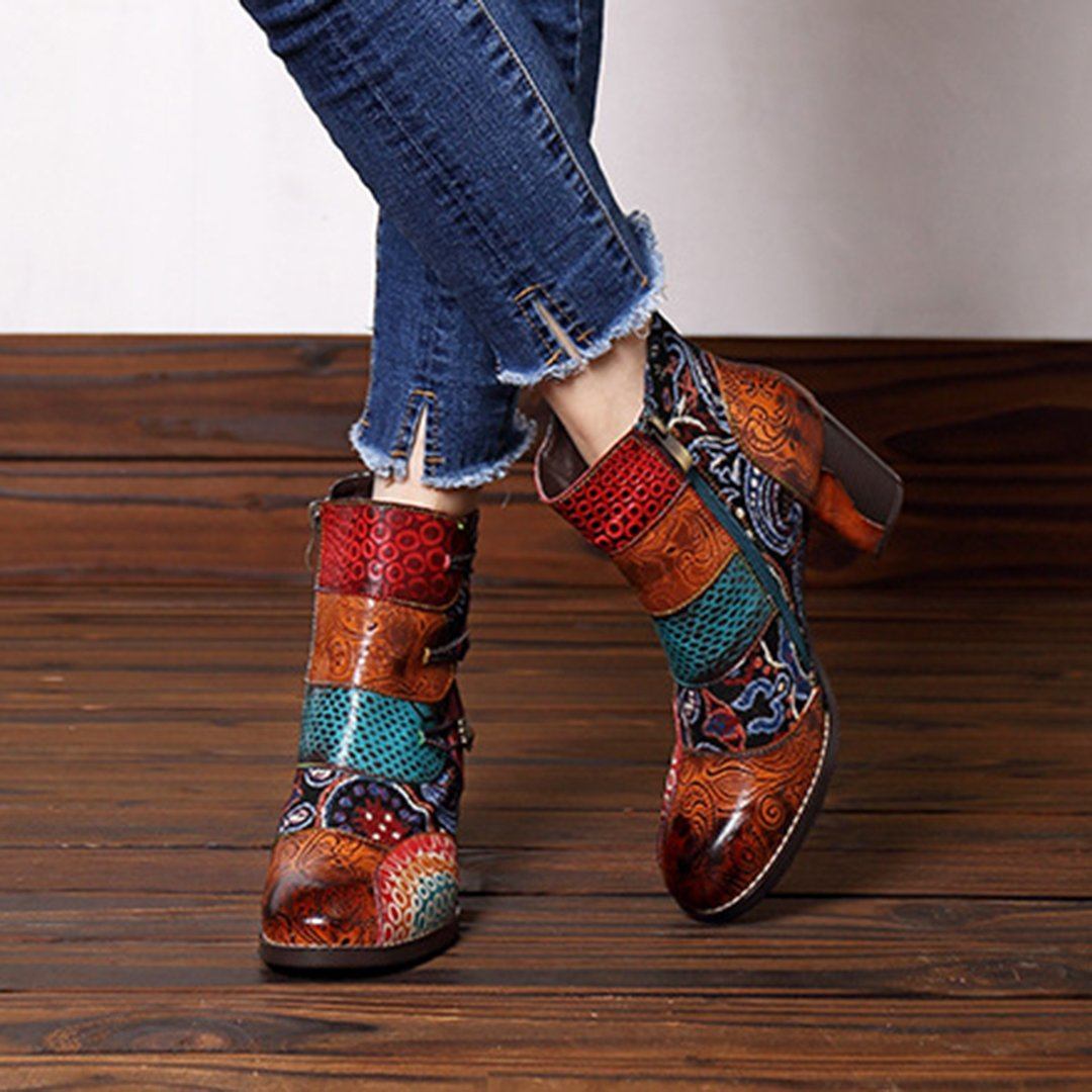 Embossed Stitching Chunky High Heels Boots