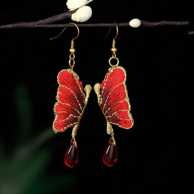 Embroidered Butterfly Ethnic Earrings ACCESSORIES Red 
