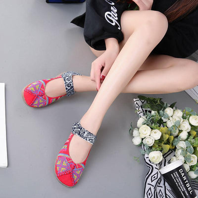Embroidered Ethnic Style Flat Shoes March 2021 New-Arrival 35 Red A 