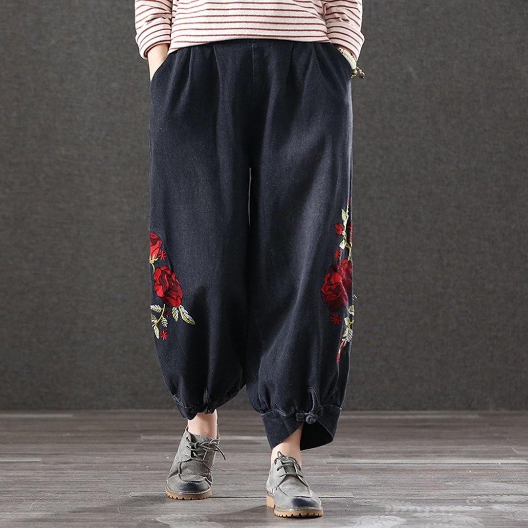 Embroidered Retro Loose Waist Jeans May 2020-New Arrival One Size Black 